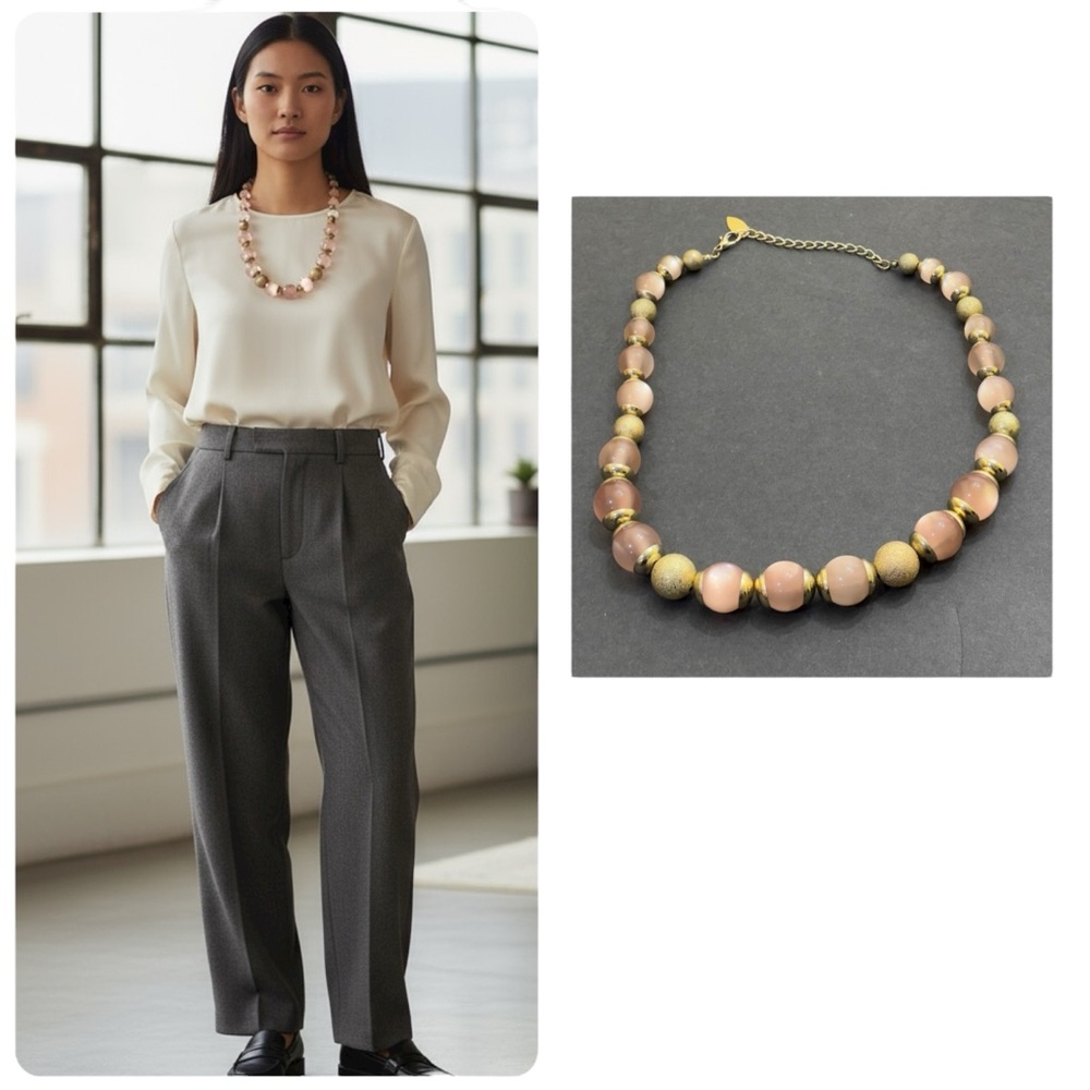 Vintage Coldwater Creek Pink Moon Glow & Gold Beaded Statement Necklace